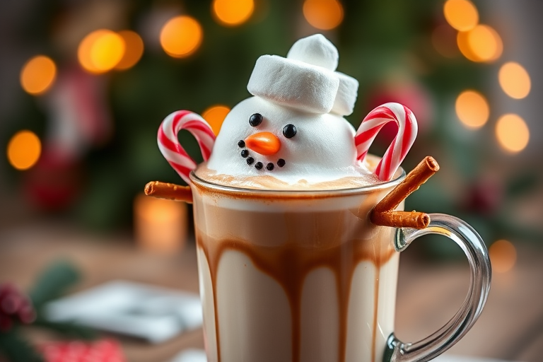 Generate an image of a festive hot chocolate topped with marshmallows shaped like a snowman, complete with a candy cane and pretzel sticks as arms. The background should feature blurred Christmas lights and a cozy holiday atmosphere.