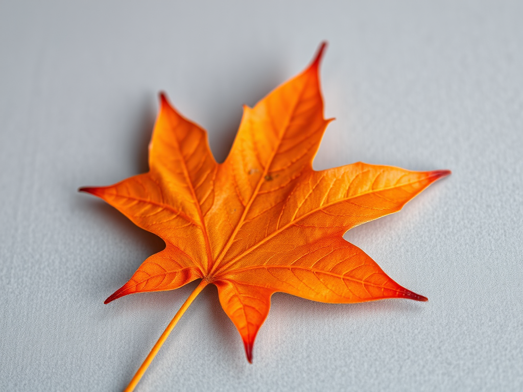 highly detailed close-up of an orange maple leaf on a soft gray background, Canon EOS R5, aperture f/2.8, shutter speed 1/125 sec, ISO 100, macro lens, natural light