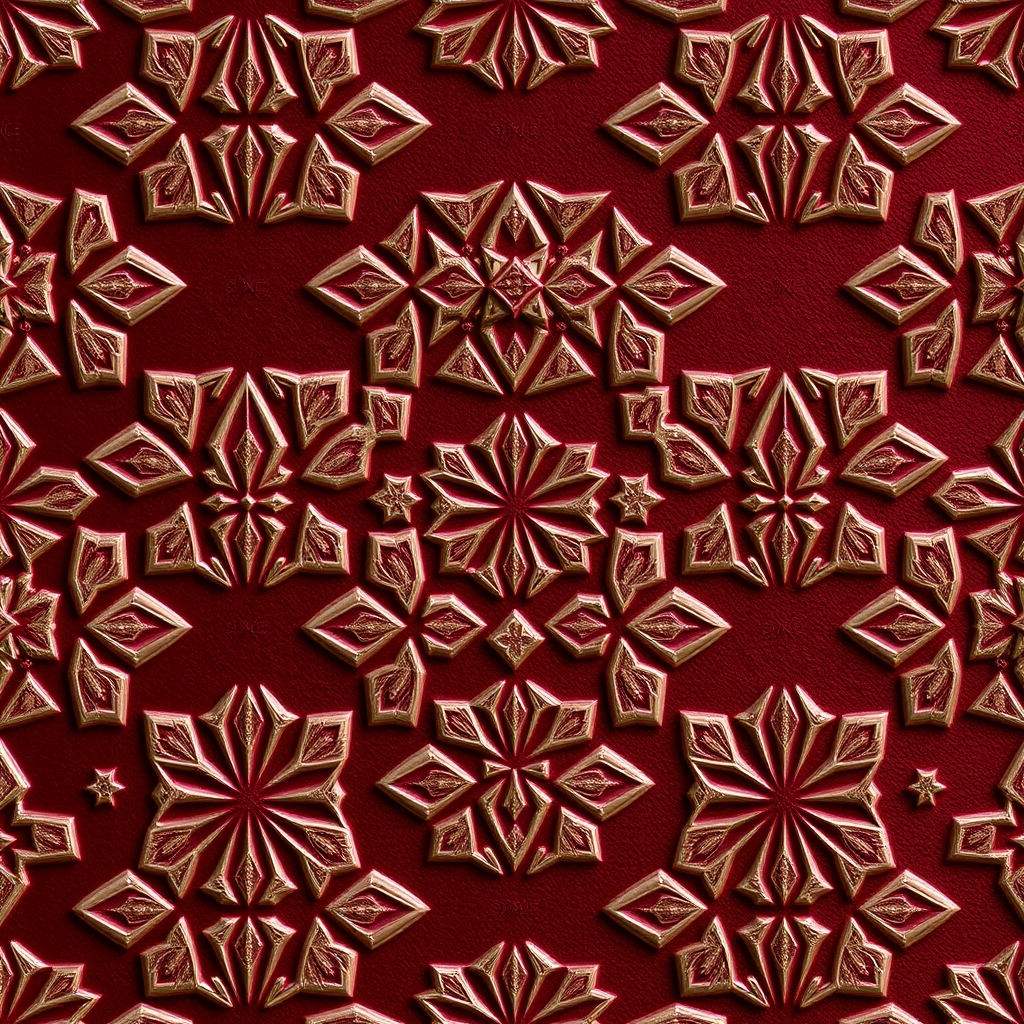 generate a seamless pattern of embossed geometric shapes on a dark burgundy background, captured with a DSLR camera, 50mm lens at f/2.8, ISO 100, 1/125 sec, top-down view, soft lighting for enhanced texture clarity