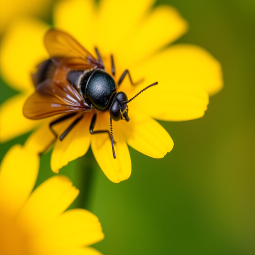 macro photograph of a black insect on a vibrant yellow flower with blurred green background, f/2.8 aperture, 1/200s shutter speed, ISO 100, 100mm lens, natural light, shallow depth of field, DSLR camera