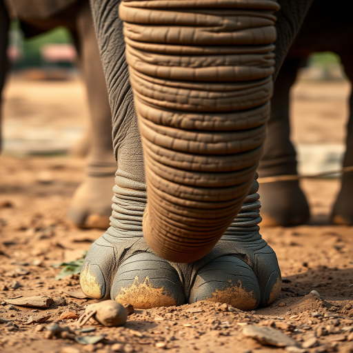Capture a close-up of an elephant's feet on earthy ground, focus on the texture of the skin and details of the chain, use a Canon EOS 5D Mark IV, 85mm lens, aperture f/2.8, ISO 200, shutter speed 1/125 sec, natural light, shallow depth of field.