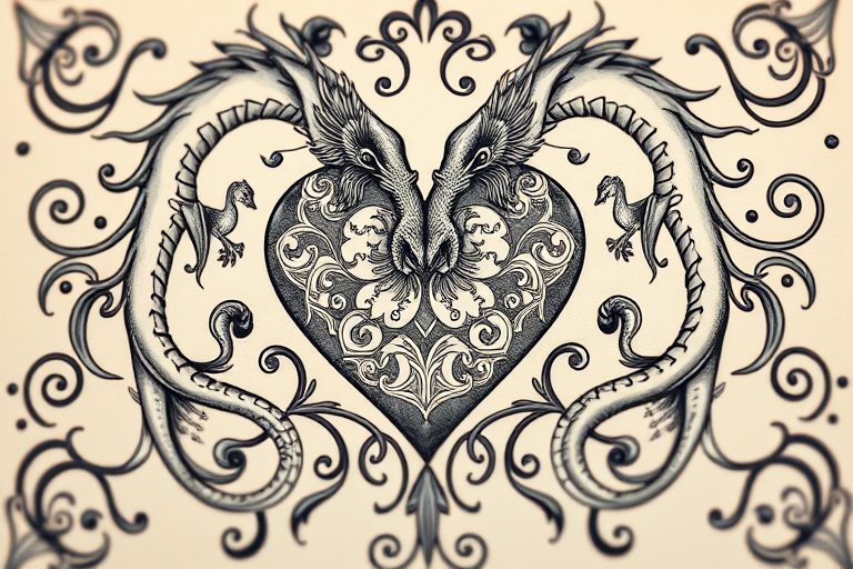 Create a detailed illustration of a heart surrounded by intricate swirls and dragon motifs, captured in high resolution with a DSLR camera set to f/2.8 aperture, ISO 100, and a focal length of 50mm, using a soft focus style to enhance the texture and depth of the design.