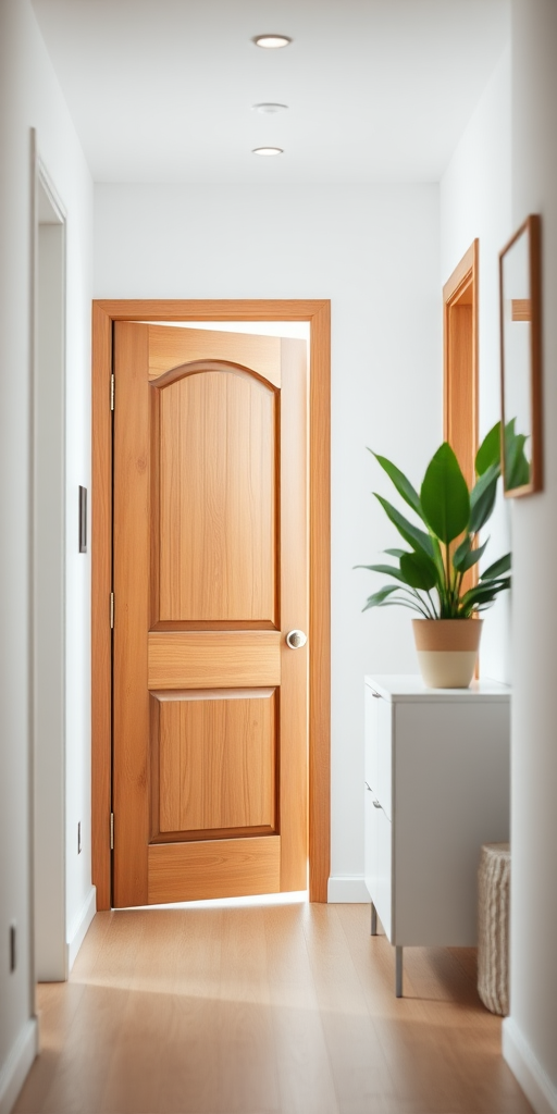 interior hallway with wooden door, bright lighting, minimalist decor, potted plant on a white cabinet, focus on the entrance area, shot with a wide-angle lens at f/4, 24mm focal length, ISO 100, natural light, taken with a DSLR camera