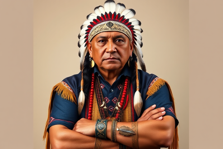 Create a dignified portrait of a Native American man dressed in traditional attire. He wears a beautifully crafted headdress adorned with white feathers and red beads, along with a beaded headband featuring intricate patterns. His clothing includes a deep blue, patterned shirt and a traditional chest piece with detailed beadwork. His arms are crossed, displaying leather armbands decorated with feathers. The background is simple and neutral, emphasizing his proud and stoic expression. The overall image captures the rich cultural heritage and strength of his persona.