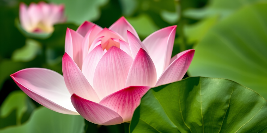 Close-up shot of a blooming lotus flower with pink and white petals surrounded by green leaves, using a DSLR camera with a 50mm lens, aperture set to f/2.8 for shallow depth of field, ISO 100 for optimal light sensitivity, and a shutter speed of 1/200 seconds, capturing vibrant colors and fine details in natural light.