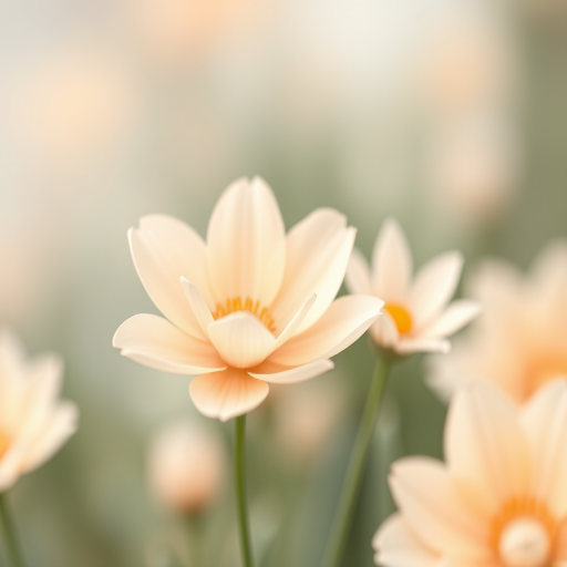 Create a vector-style illustration of minimalist flower shapes with smooth lines and soft pastel colors, capturing a serene aesthetic, using a Canon EOS R5 with a 50mm f/1.2 lens, set at ISO 100, f/2.8, and a shallow depth of field for a blurred background.