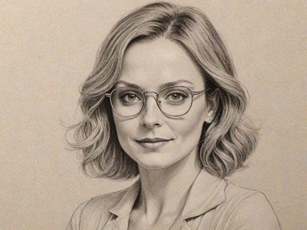 Appealing Geri Halliwell, pencil sketch, portrait of Radiant woman 1920s in glasses, hair style beatnik, outline, clear lines, fine lines, 8k