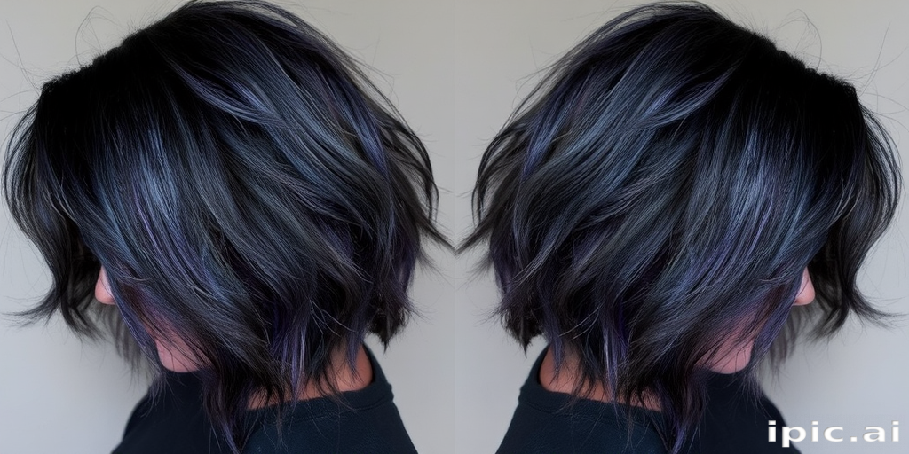 Smoky charcoal gray hair styled in edgy, textured layers with subtle purple lowlights, creating a mysterious and alluring "Twilight Haze" appearance