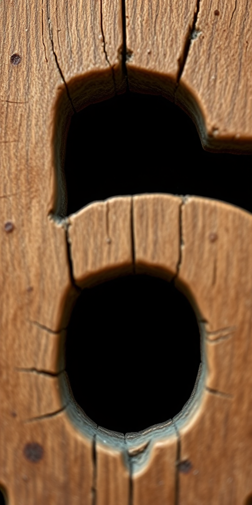 Create an image of the number 6 carved out of rustic wood with a textured surface, using a macro lens at f/2.8, ISO 100, shutter speed 1/100s, positioned at eye level against a black background.