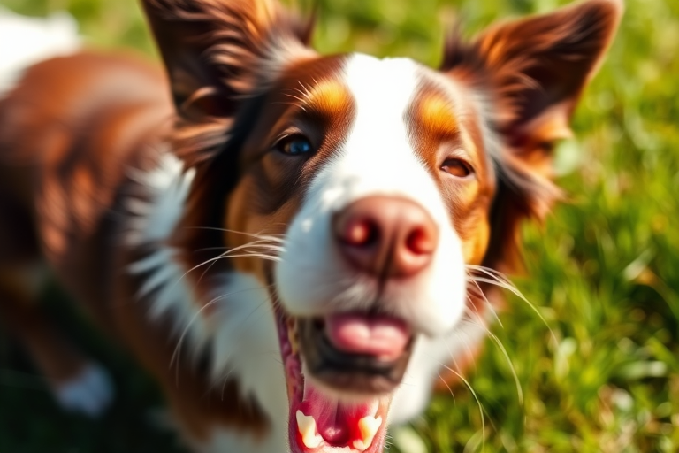 Capture a close-up of a playful brown and white Border Collie yawning in a sunlit grassy setting, using a DSLR camera with a 50mm lens, aperture set to f/2.8, shutter speed at 1/200s, ISO 200, soft focus background.