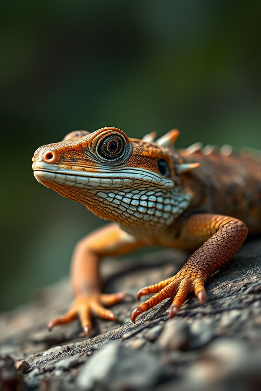 regenerate a highly detailed image of a lizard, using a macro lens at f/2.8 aperture, 1/200 sec shutter speed, ISO 100, with a shallow depth of field to focus on the textures and colors of the lizard, shot from a low angle to enhance its presence, in natural light for accurate color representation, using a DSLR camera.