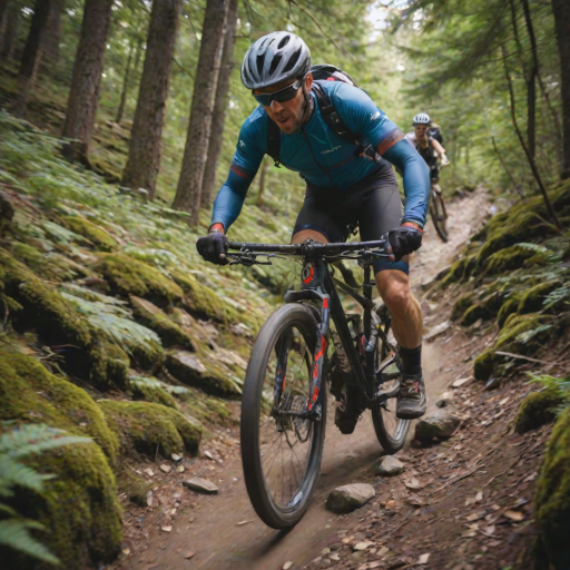 Blurry, action-packed image of a cyclist speeding down a steep mountain trail, soft focus on the surrounding trees and rocks, with a feeling of speed and adrenaline.