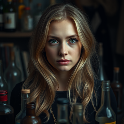 Create a high-resolution portrait of a pensive woman with long blonde hair, surrounded by an abstract arrangement of various bottles and objects in a dark, moody environment, using a Canon EOS R5 with a 50mm f/1.2 lens at ISO 100, aperture f/4, and a soft focus style for a dreamlike effect.