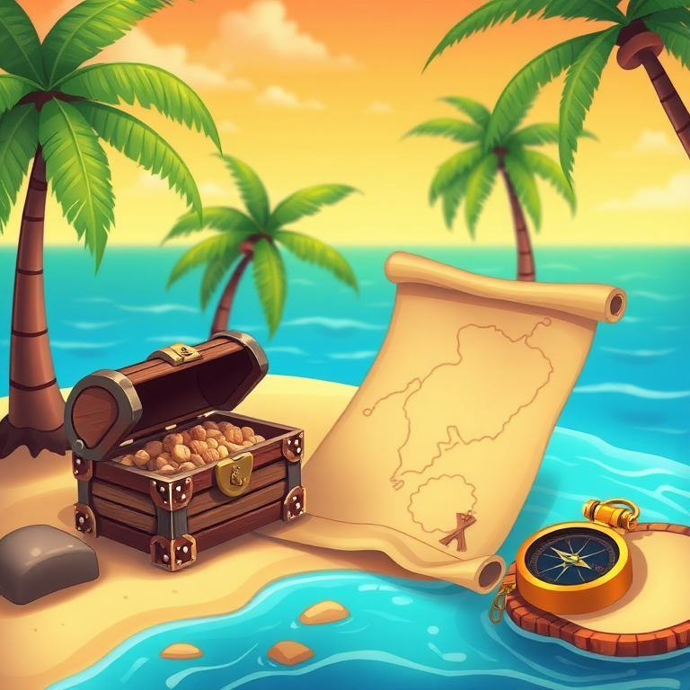 Create a vibrant and detailed cartoon-style treasure island scene with a treasure chest, a pirate map on parchment, a compass, and palm trees, using a Canon EOS R5 camera with a 50mm lens, aperture set to f/2.8, ISO 100, and a soft-focus background for enhanced depth.