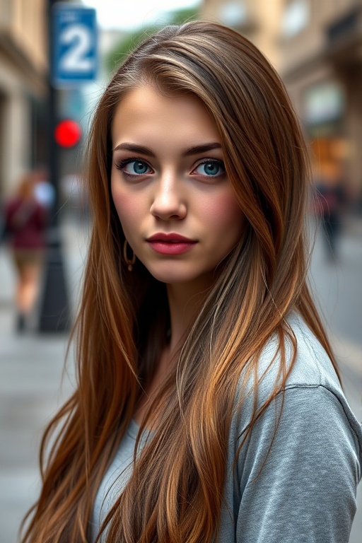 portrait of a young woman with long brown hair and striking blue eyes standing on a city street, soft natural lighting, 50mm lens, aperture f/1.8, ISO 100, slight bokeh in the background, taken with a DSLR camera