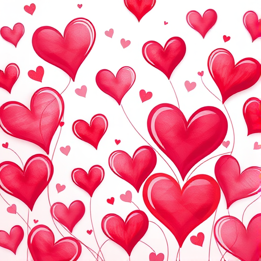 Create a vibrant and playful illustration of various hearts in shades of red and pink, intertwined with flowing lines, high resolution, macro view, digital painting style, using a DSLR camera with a 50mm lens at f/2.8 aperture and ISO 100.