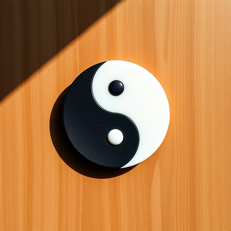 Create a high-resolution image of a yin-yang symbol with a smooth gradient effect, using a full-frame DSLR camera with a 50mm lens at f/1.8 and ISO 100, shot in natural light from an overhead angle for enhanced detail and contrast.