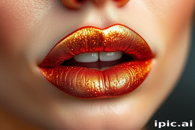 Glittery copper "Sunburst Spark" lip powder with a metallic finish, transforming into a smooth, molten metal look when applied to the lips