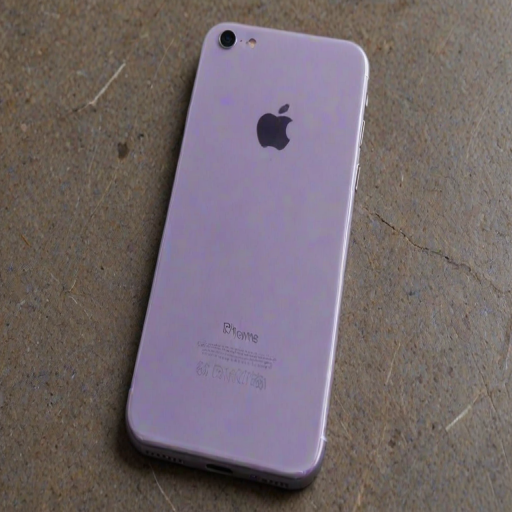 The image is a high-resolution photograph of an Apple iPhone, showing the Apple logo centered at the back. The phone's screen is cracked; the crack starts from the top left corner and extends diagonally towards the bottom right, and the back panel is slightly curved, giving it a sleek and modern look., glossy lavender color, textured surface. The phone is a modern, specifically a model with a glossy, likely a couch or a similar piece of furniture. The iPhone's body is a vibrant