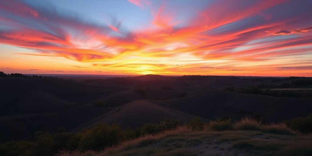 Create a high-resolution image of a serene landscape during sunrise with vibrant colors, using a Canon EOS 5D Mark IV, 24mm f/1.4 lens, ISO 100, aperture f/8, shutter speed 1/125s, capturing a wide-angle view with a balanced composition and natural lighting.
