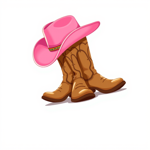 generate an illustration of a pair of brown cowboy boots with a pink cowboy hat on top, set against a white background, use a high-resolution digital format with 300 DPI, capture from a slight angle to highlight the boots and hat, use a soft light effect for a warm tone and enhance the colors for vibrancy