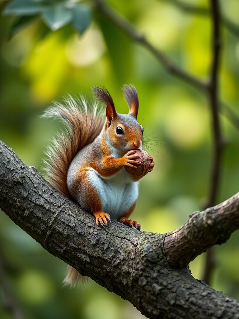 squirrel sitting on a tree branch holding a nut, captured with a Canon EOS R5, 85mm f/1.2 lens, aperture at f/2.8, ISO 200, natural light, shallow depth of field, focus on the squirrel with a blurred background