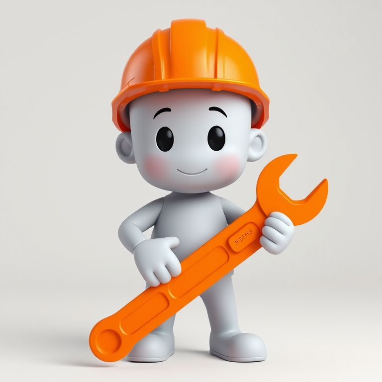 A 3D character holding an orange wrench, wearing an orange hard hat, minimalistic design, soft lighting, ISO 100, f/2.8, 50mm lens, frontal view, studio photography.