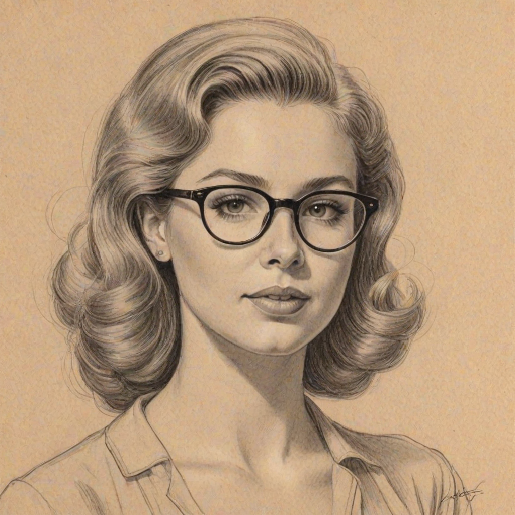 Appealing Allie Grant, pencil sketch, portrait of Gorgeous woman 1952s in glasses, hair style beatnik, outline, clear lines, fine lines, 8k