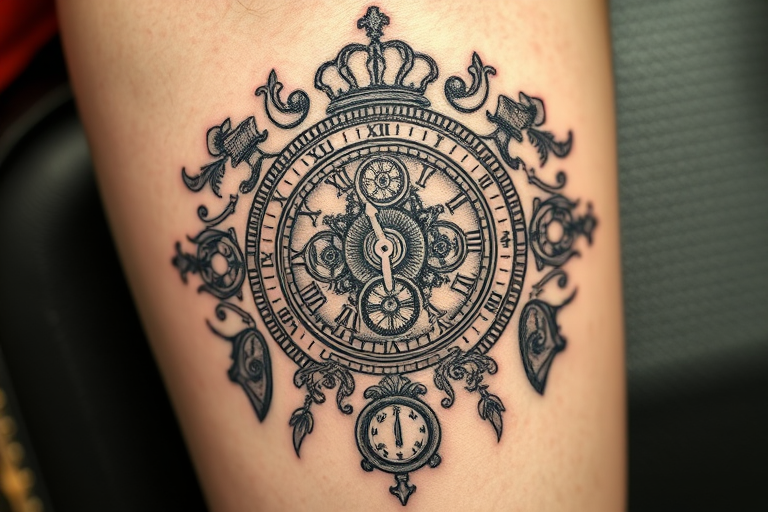 Engraving-style tattoo named "Tempus Fugit" showcasing a detailed clockwork mechanism surrounded by baroque flourishes and memento mori symbols, rendered in fine lines and crosshatching to emulate the look of copper plate engravings