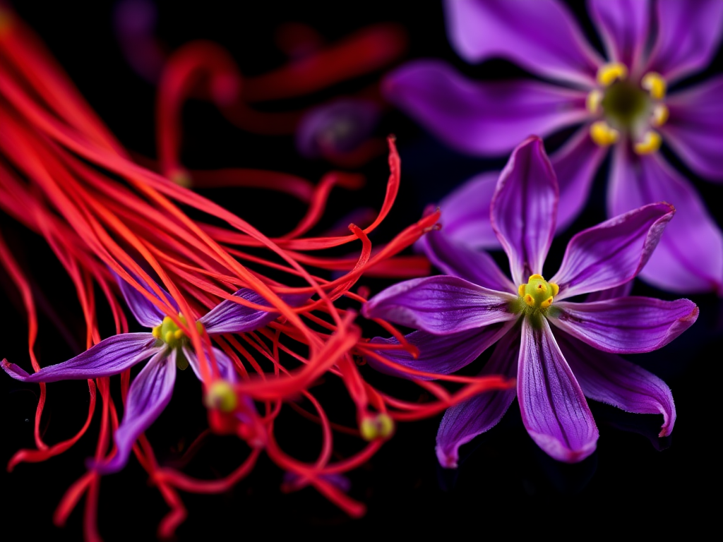 high-resolution macro photograph of vibrant saffron threads and purple saffron flowers on a black background, using a DSLR camera with a 100mm macro lens, aperture f/2.8 for shallow depth of field, ISO 100, and a shutter speed of 1/200 sec, soft natural lighting from one side to enhance textures and colors