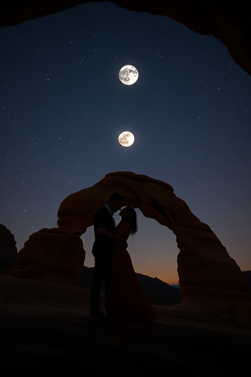 silhouette of a couple embracing under a night sky with a large moon and stars, framed by an arch in a rocky landscape, low angle view, 50mm lens, f/1.8, ISO 400, long exposure, captured with a DSLR camera