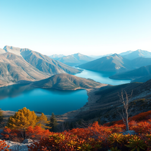Create a high-resolution image of a serene landscape featuring mountains and a lake, shot with a DSLR camera at f/8 aperture, ISO 100, 1/200 sec shutter speed, using a wide-angle lens with a panoramic view.