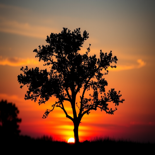 Create an abstract black silhouette of a tree against a sunset with vibrant orange and pink hues, using a DSLR camera with a 50mm lens, aperture set to f/2.8, ISO 100, and a low-angle view for a dramatic effect.