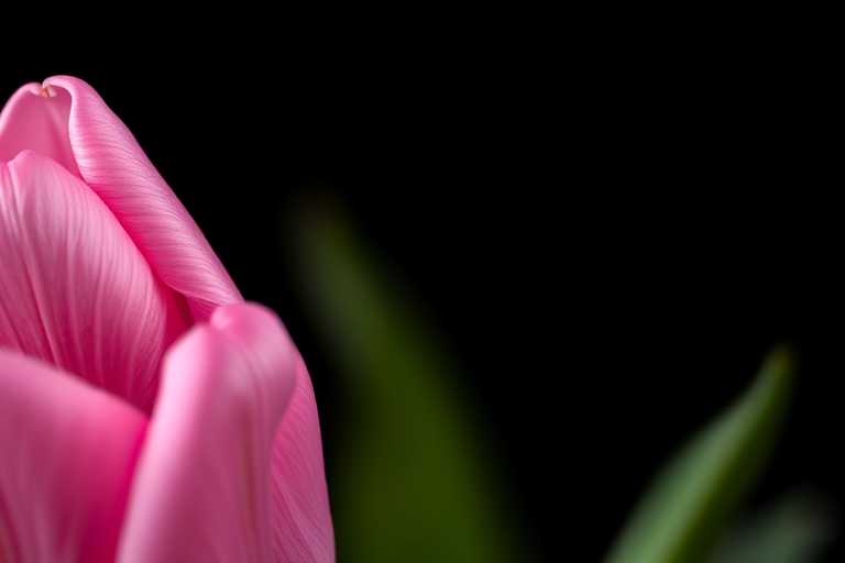 Regenerate a close-up image of a pink tulip against a dark blurred background, use a 50mm lens, aperture f/1.8, ISO 100, shutter speed 1/200s, in macro photography style with a DSLR camera.