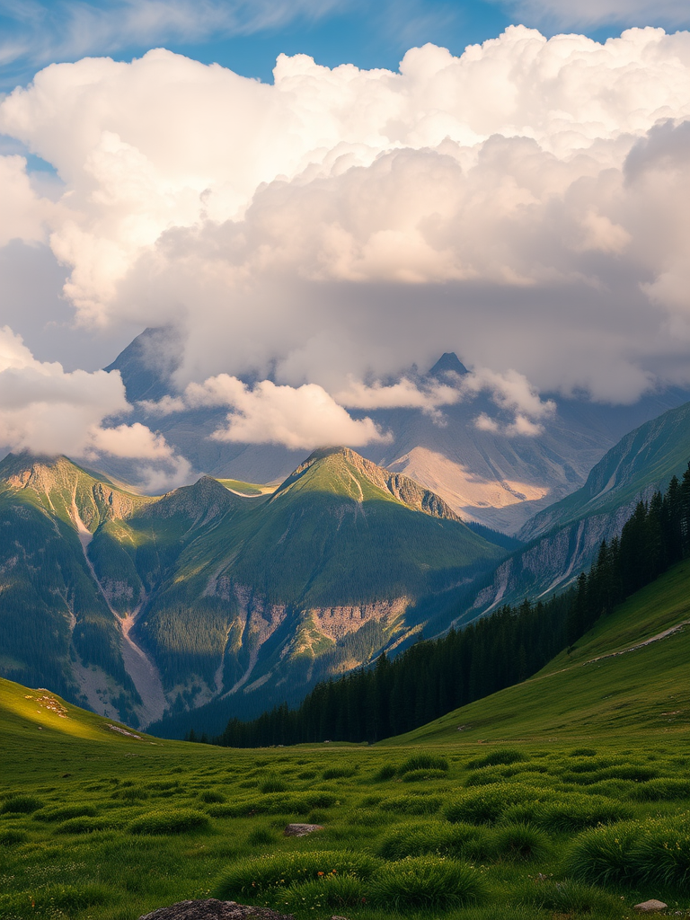 Capture a panoramic view of a mountain landscape with dramatic cloud formations over tall peaks, lush green meadows in the foreground, golden hour lighting, using a DSLR camera with a 18mm lens, aperture f/11, ISO 100, shutter speed 1/250s, and a vivid color profile.