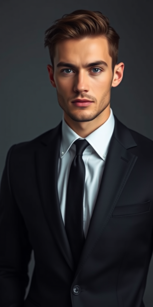 professional male model in a tailored black suit against a grey backdrop, taken with a Canon EOS R5, 85mm lens, aperture f/1.8, shutter speed 1/200s, ISO 100, portrait orientation, soft diffused lighting to enhance facial features and textures