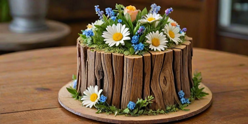 Create an image of a beautifully decorated cake that resembles a tree stump. The cake should have intricate details to mimic the texture of wood, with colorful flowers and greenery beautifully arranged on top. Include a variety of flowers such as daisies, roses, and small blue blossoms, all adding a vibrant touch to the rustic theme. The cake should be presented on a wooden serving board to enhance the natural aesthetic.
