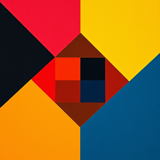 Create a high-resolution abstract design featuring bold geometric shapes and vibrant colors, captured with a Canon EOS R5, 50mm lens, f/1.8 aperture, ISO 100, in natural light from a top-down view for enhanced depth and detail.