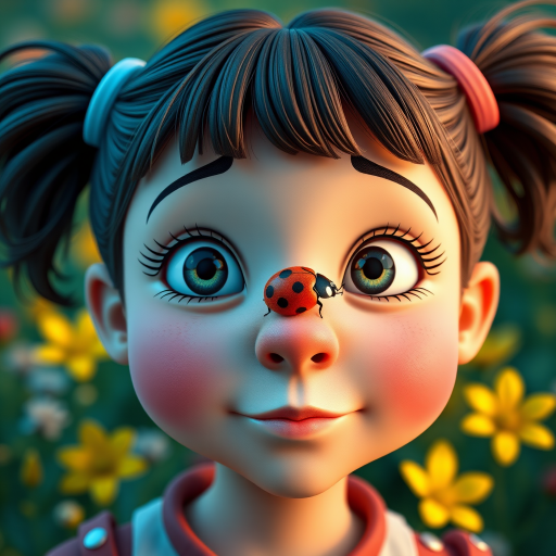 whimsical comical cartoon art Quentin Blake style, closeup portrait view of a cute girl with two ponytails in her hair, an adorable ladybug sits on her nose, funny children’s book illustration with bright colors and flowers in the background