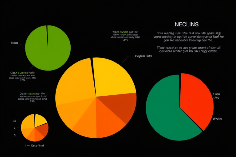 Create a vector-style infographic showing pie charts of varying sizes with a color palette of green, yellow, orange, and red against a minimalist black background, using a high-resolution digital camera with a 50mm lens, f/1.8 aperture, ISO 100, and soft lighting for enhanced clarity and detail.