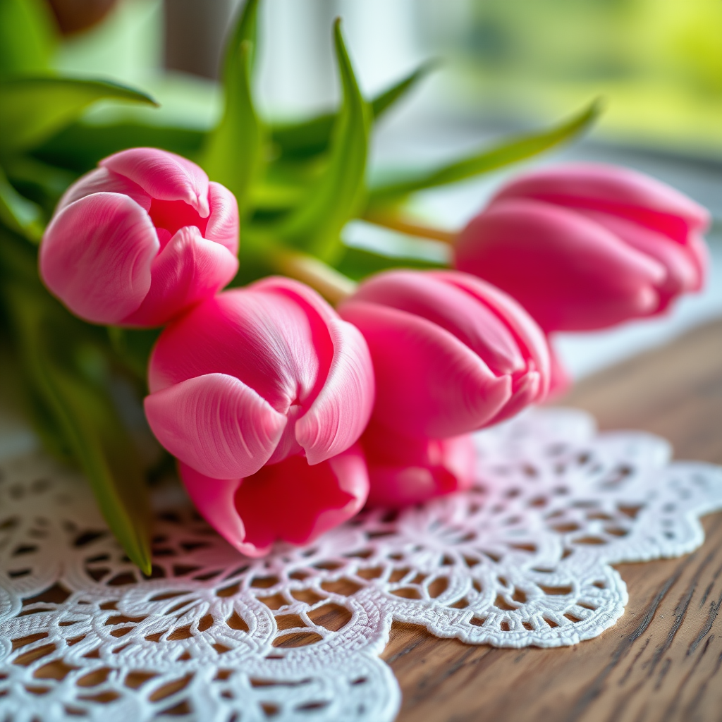 high-resolution close-up of pink tulips on a wooden surface with intricate lace details, natural lighting, shallow depth of field, shot with a Canon EOS R5, f/2.8, ISO 100, 50mm lens, soft focus on flowers, vibrant colors