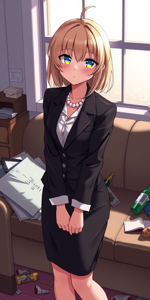 1girl, solo, embarrassed, looking away, blush, secretary, blonde hair, pearl necklace, black blazer, black pencil skirt, white blouse, cowboy shot, couch, window m3ss, indoors, messy room, trash, food, magazines, bottle, mess