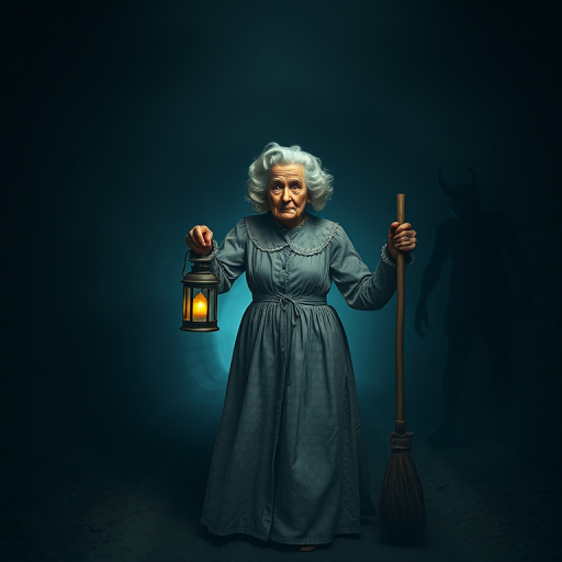 Create a surreal scene of an elderly woman in a nightgown with curlers holding a lantern and a broom in a dark, foggy tunnel, with a shadowy monster lurking nearby, shot with a Canon EOS R5 at f/2.8, ISO 100, 24mm lens, captured from a low angle to enhance depth and atmosphere.