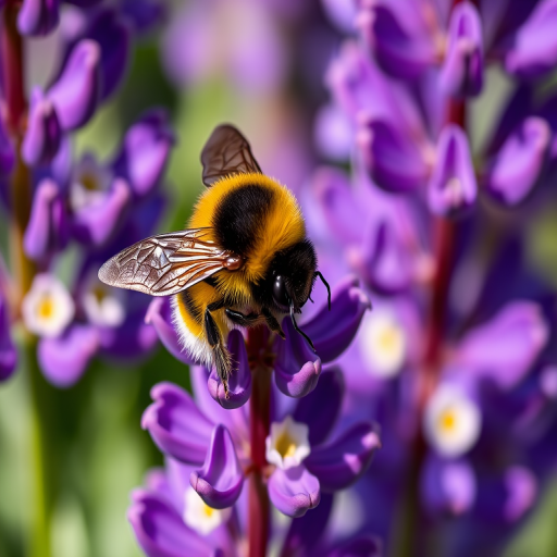 Close-up shot of a bumblebee on purple lupine flowers, f/2.8 aperture, 1/500 sec shutter speed, ISO 200, macro lens, natural lighting, DSLR camera, shallow depth of field.