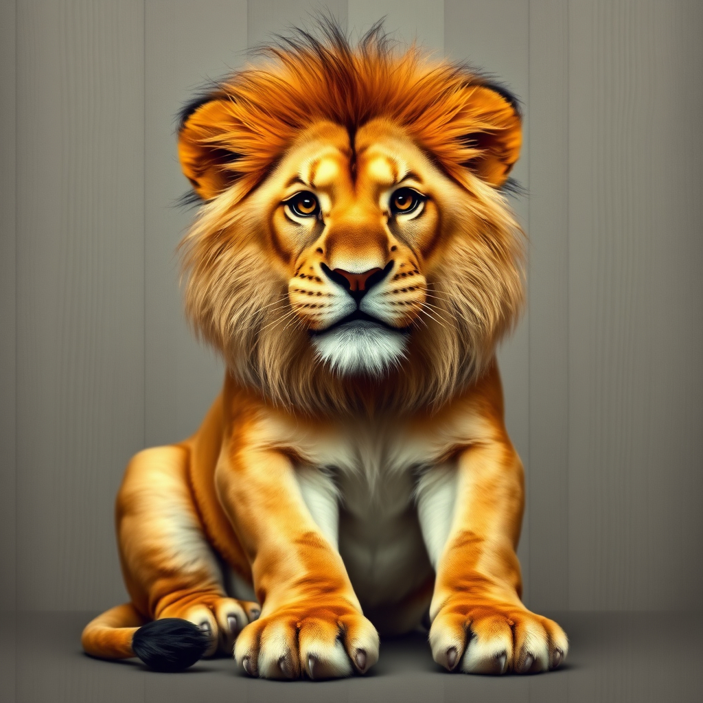 photorealism. a lion, sitting, doing duck face with its lips. plain wood panel bg
