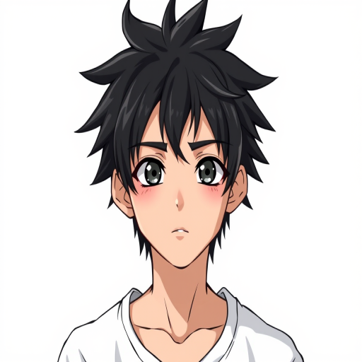 Create a high-resolution illustration of a young male character with spiky black hair, a neutral expression, wearing a loose white shirt, use an 85mm lens, f/2.8 aperture, ISO 100, studio lighting, and a frontal view to enhance image quality.