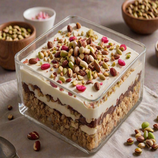 Create an image of a layered dessert in a transparent square container. The dessert has a creamy white layer, a brown cake layer, and is topped with round, glossy brown sweets. Sprinkle the top with chopped nuts, rose petals, and pistachios for decoration. Include a wooden bowl filled with similar brown sweets in the background. The setting is warm and inviting.
