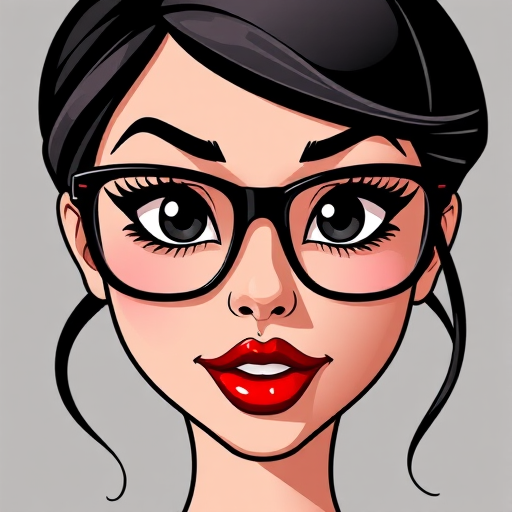 Create a high-resolution cartoon image of stylized female facial features with exaggerated glasses and glossy red lips, using a 50mm lens at f/2.8 aperture, shot from a frontal view with soft diffused lighting, and set on a DSLR camera.