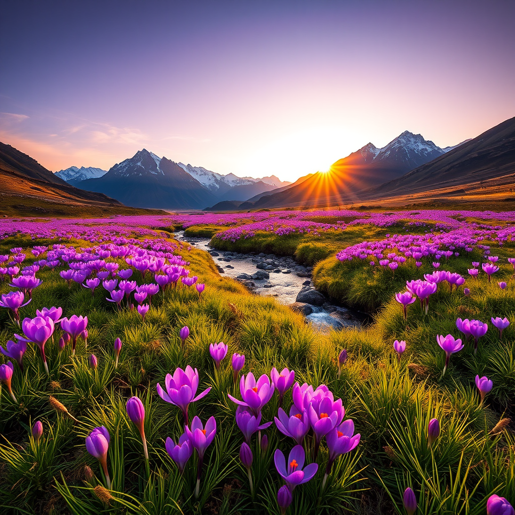 Capture a vibrant landscape at sunrise with a focus on a meadow filled with blooming purple crocuses, a tranquil stream flowing through, surrounded by majestic mountains in the background, use a Canon EOS R5 camera at f/8, ISO 100, 1/200s, with a wide-angle lens to enhance depth and clarity, ensuring a golden hour glow, and a slight HDR effect for rich colors.