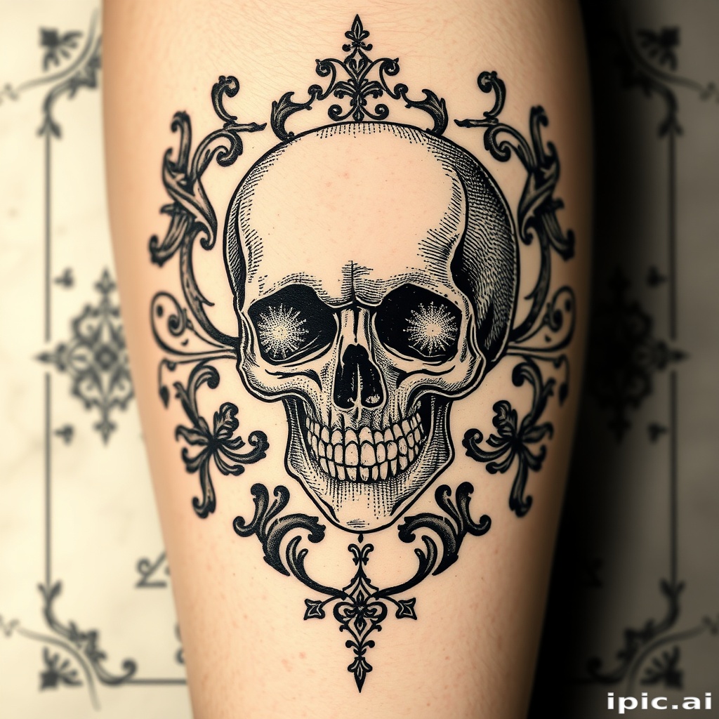 Vintage etching style tattoo named "Memento Mori" featuring intricate crosshatching and stippling techniques to create a hauntingly detailed skull surrounded by baroque flourishes and vanitas symbols meticulous line work mimics the appearance of a centuries-old engraving brought to life on skin